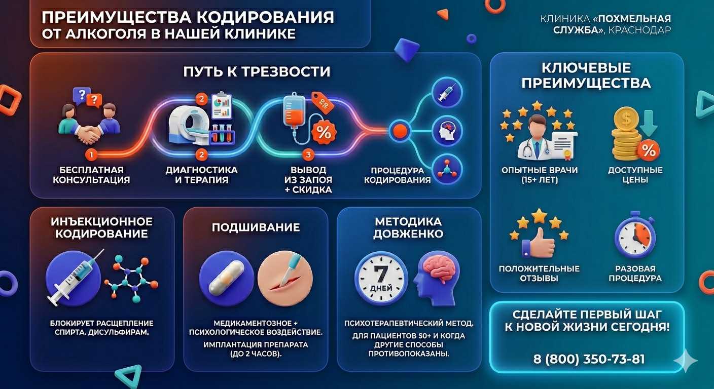 Инфографика о методах кодирования от алкоголя в Началово: инъекции, подшивание, метод Довженко. Преимущества клиники и этапы лечения.