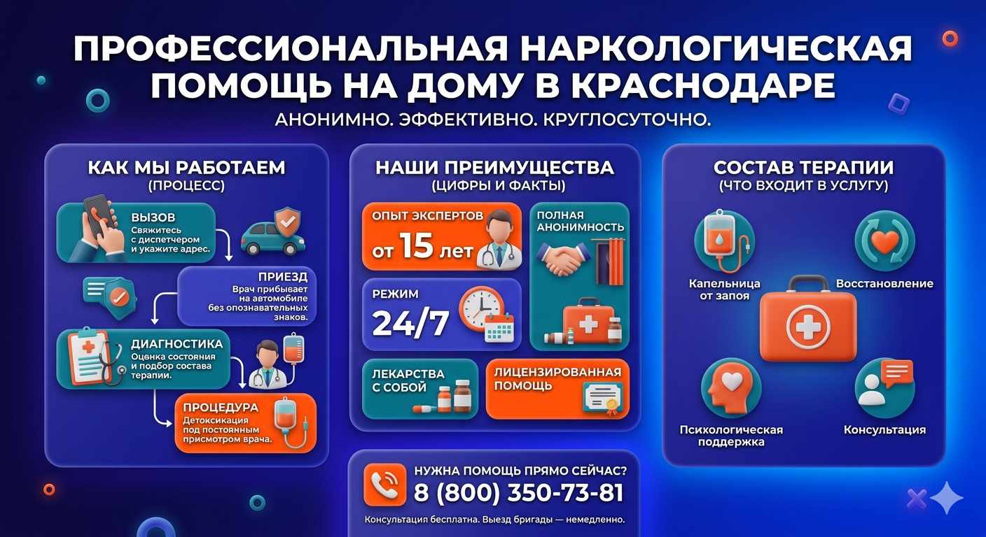 Инфографика о принципах лечения алкоголизма на дому в Началово: этапы вызова нарколога, преимущества анонимной детоксикации и состав медицинской помощи.